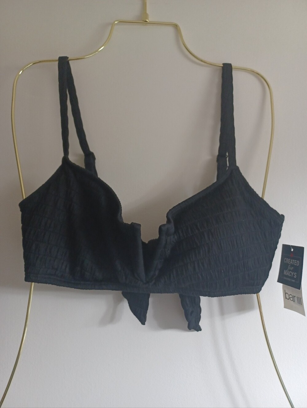 Bar III for Macy's Black Smocked Bralette Style Bikini Top L NWT